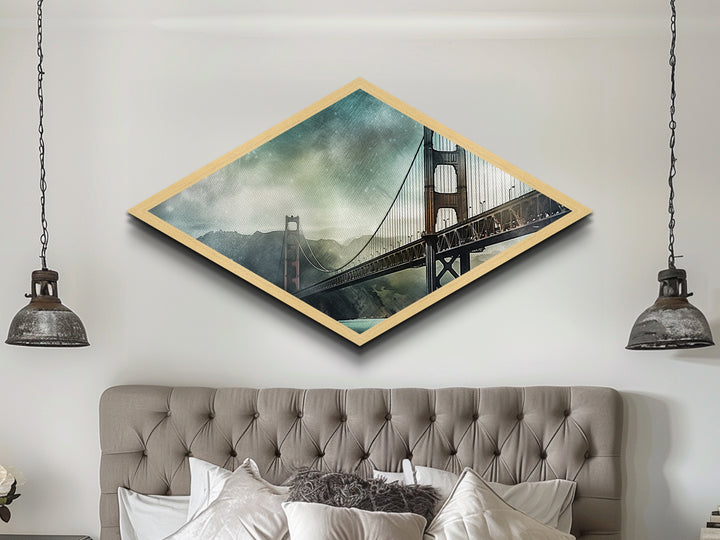 Golden Gate Haze Diamond Shaped Canvas Textured Print, San Francisco Bridge Watercolor, Urban Landscape Art, Travel Lover Gift