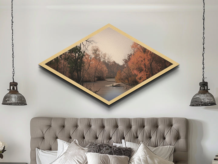 Autumn River Scene – Diamond Shaped Canvas Textured Print, Rustic Wall Art, Fall Landscape Decor, Nature-Inspired Gift, Cabin Living Room