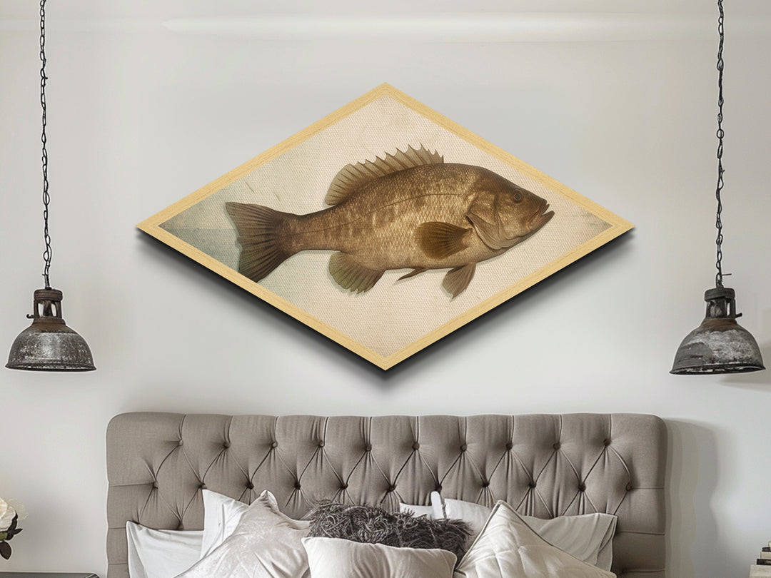 Realistic Bass Profile – Diamond Shaped Canvas Embossed Print, Angler Cabin Decor, Fishing Enthusiast Gift, Masculine Wall Art
