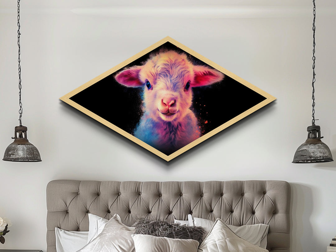 Neon Lamb Glow – Diamond Shaped Canvas Embossed Print, Vibrant Nursery Animal Art, Cute Pastel Gift, Baby Room Farm Decor