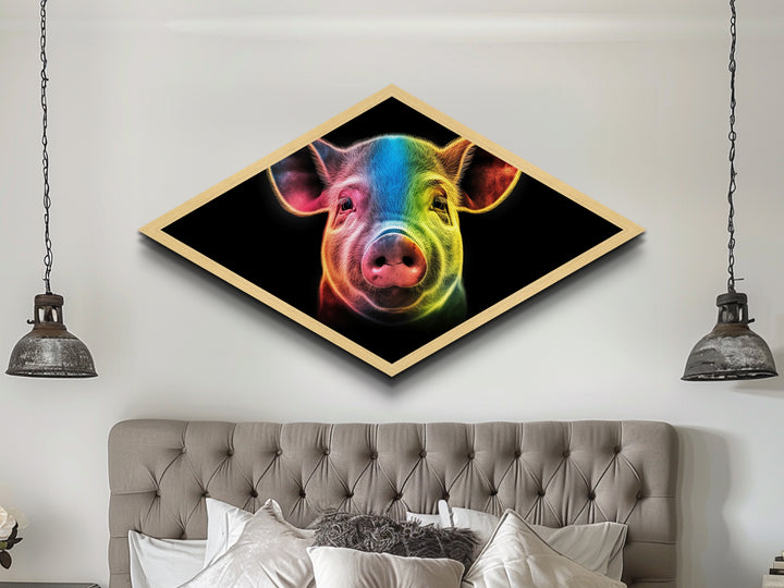 Radiant Piglet Portrait – Diamond Shaped Canvas Embossed Print, Farm Animal Wall Art, Neon Rainbow Decor, Kids Room Pop Style