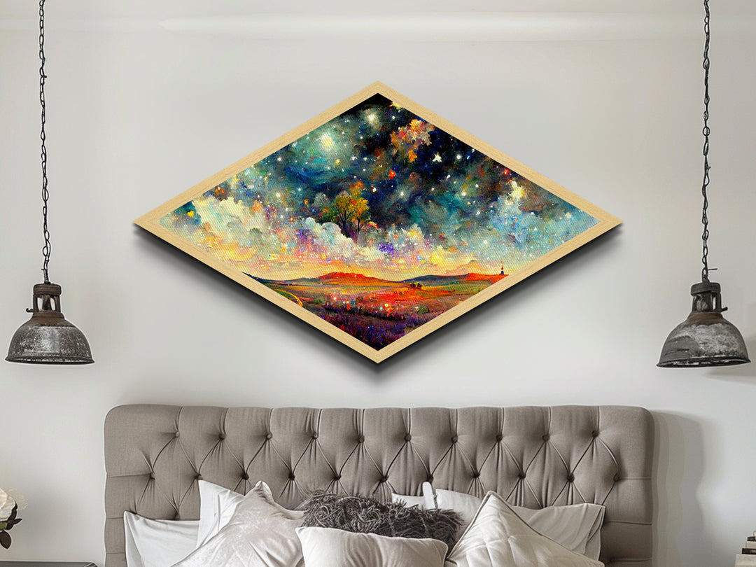 Enchanted Forest Path Diamond Shaped Canvas Embossed Print, glowing staircase fantasy decor, dreamy woodland surreal artwork