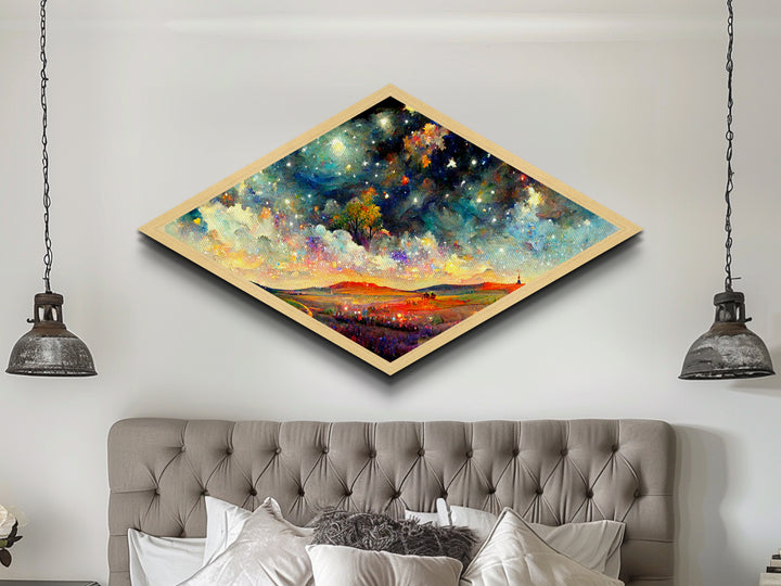 Enchanted Forest Path Diamond Shaped Canvas Embossed Print, glowing staircase fantasy decor, dreamy woodland surreal artwork