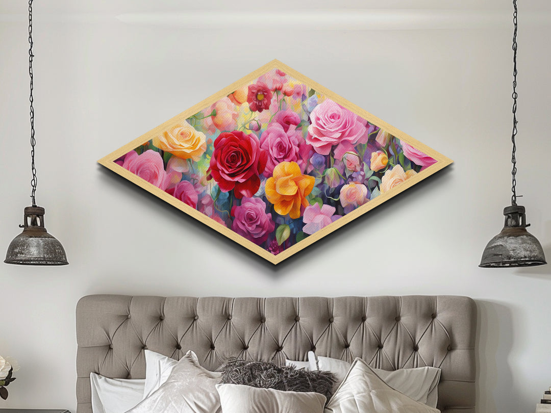 Garden Rose Symphony Diamond Shaped Canvas Art Print with pink red yellow roses, floral wall decor, romantic gift, nursery wall accent
