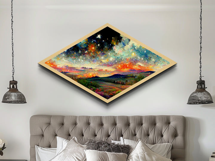 Celestial Dreamscape Field Diamond Shaped Canvas Art Print, night sky stars over hills, vibrant cosmic countryside fantasy decor