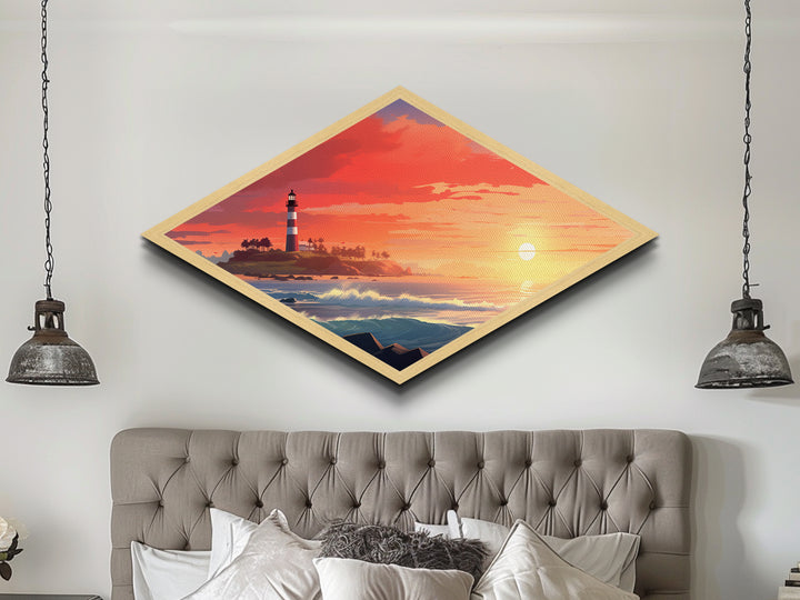 Diamond Shaped Sunset Coastline – Canvas Textured Print with Lighthouse Wall Art, Beach House Decor, Nautical Ocean Scene, Summer Gift