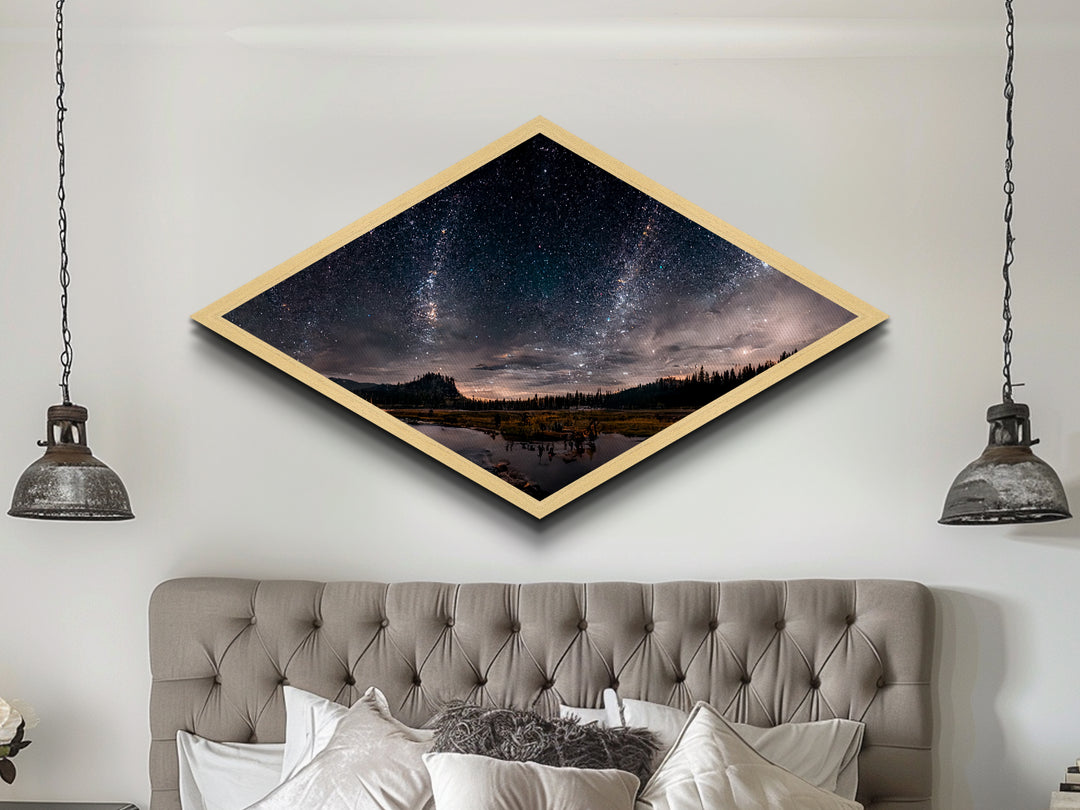 Starlit Landscape Glow Diamond Shaped Canvas Textured Print, dreamscape night sky meadow art, celestial fantasy field scene
