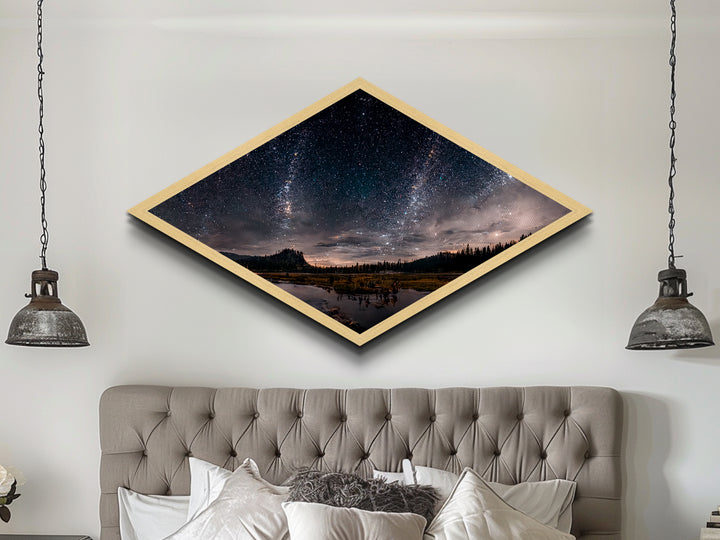 Starlit Landscape Glow Diamond Shaped Canvas Textured Print, dreamscape night sky meadow art, celestial fantasy field scene