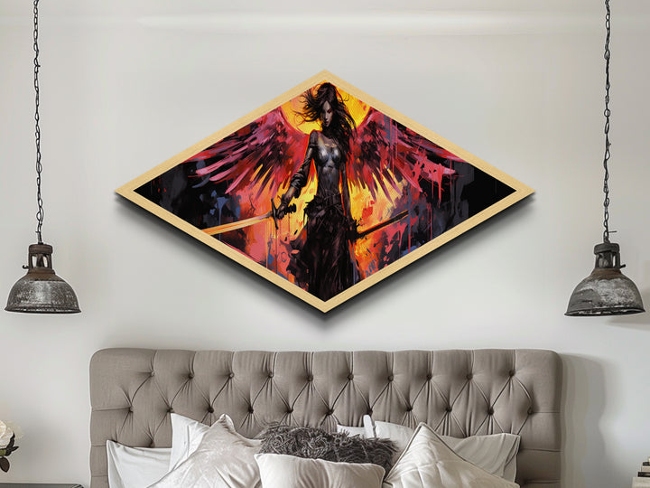 Blade Wing Warrior Diamond Shaped Angel Canvas Art Print fiery red wings sword epic fantasy female warrior modern home wall decor