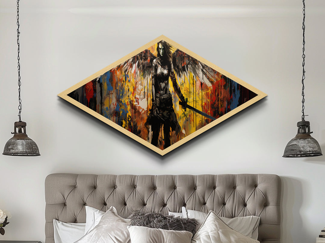 Apocalypse Blade Angel Diamond Shaped Warrior Canvas Art Print urban graffiti style fantasy sword wings chaos dramatic wall decor