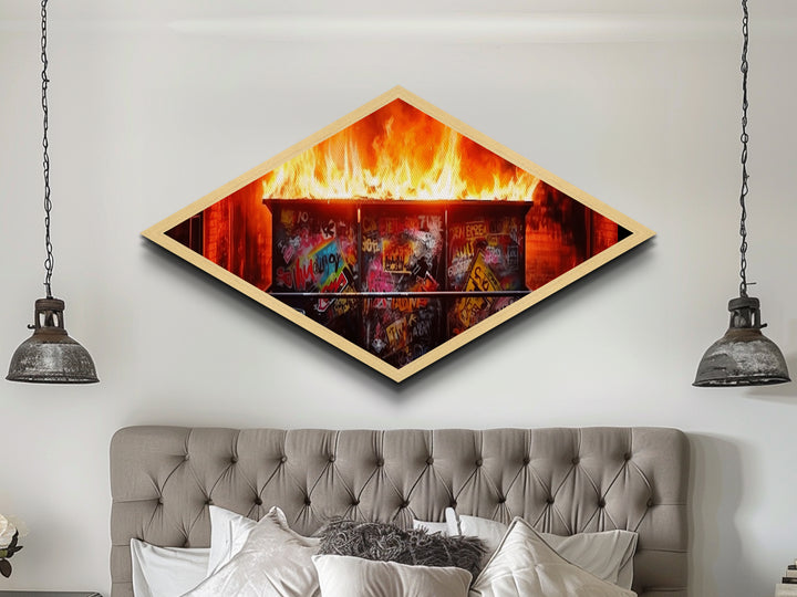 Dumpster Fire Chaos Diamond Shaped Graffiti Canvas Embossed Print burning urban street art protest pop culture modern edgy wall art