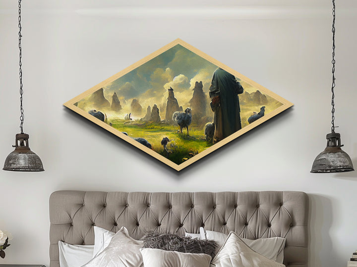 Shepherd’s Morning Peace Diamond Shaped Canvas Embossed Print, pastoral fantasy flock landscape, mystical sunrise with sheep art
