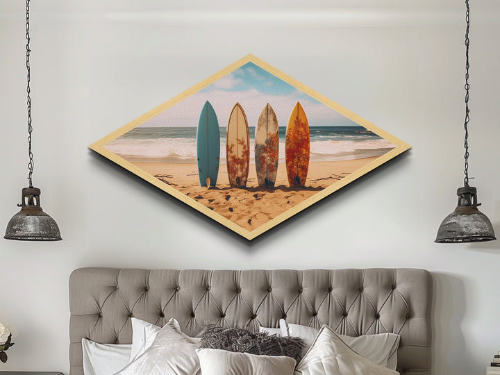 Vibrant Surf Quartet Diamond Shaped beach scene with surfboards wall decor Canvas Art Print coastal summer home accent gift idea