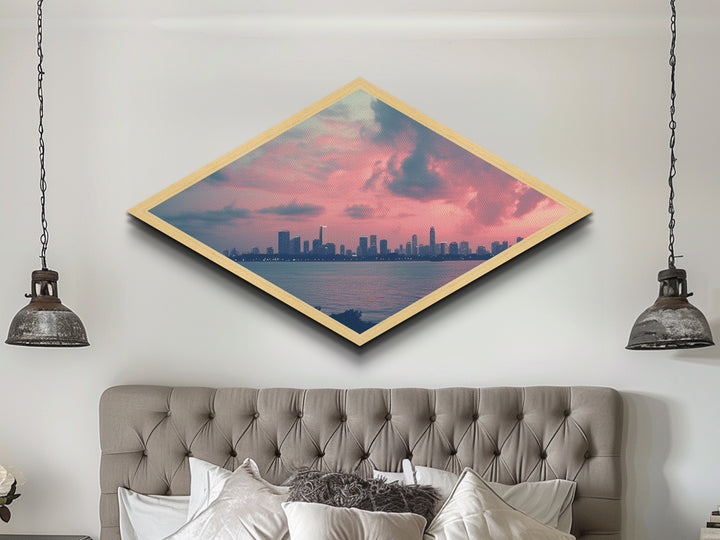 City Sunset Skyline Diamond Shaped modern urban wall decor Canvas Textured Print pink sky art piece ideal living room apartment design