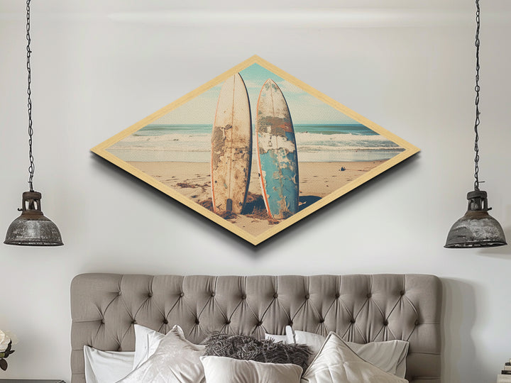 Vintage Surf Duo Diamond Shaped coastal surfboard wall art Canvas Embossed Print beach house rustic vibe nostalgic surfing aesthetic