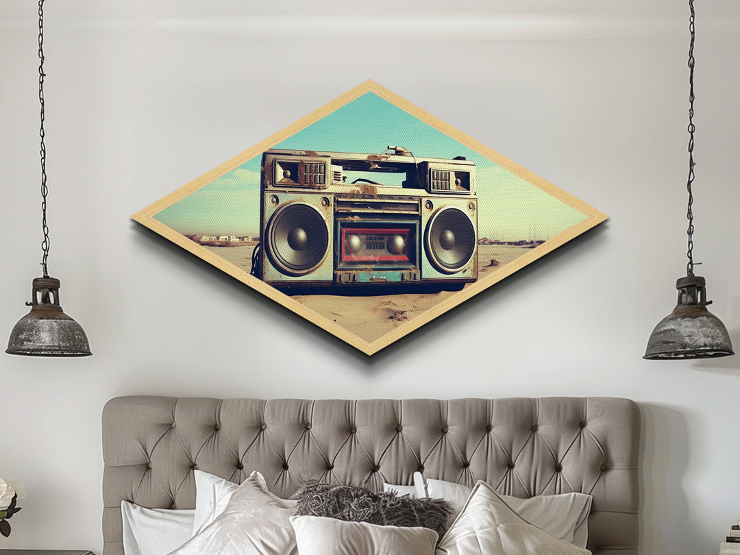 Boombox On Beach Diamond Shaped retro music lover Canvas Textured Print nostalgic 80s vibe beach sound decor man cave or dorm art