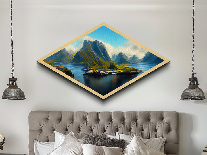 Nordic Fjord Serenity Diamond Shaped Canvas Textured Print, Scandinavian mountain lake art, dramatic nature wilderness wall decor