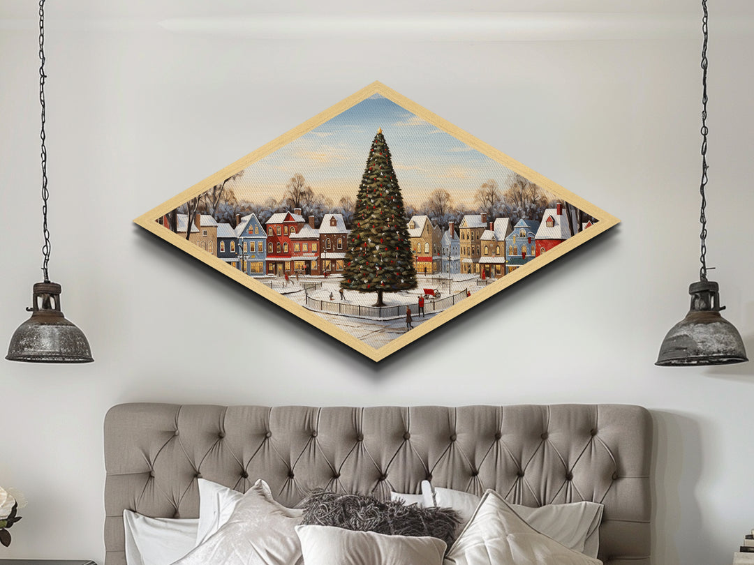 Festive Town Square Diamond Shaped Canvas Embossed Print Christmas tree snowy village nostalgia seasonal living room holiday wall