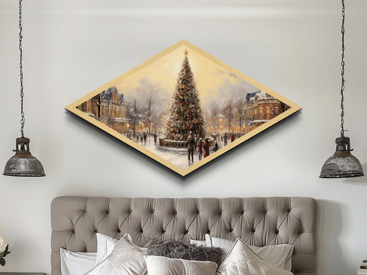 Winter Tree Gathering Diamond Shaped Canvas Art Print snowy downtown scene nostalgic holiday decor perfect wall accent Christmas