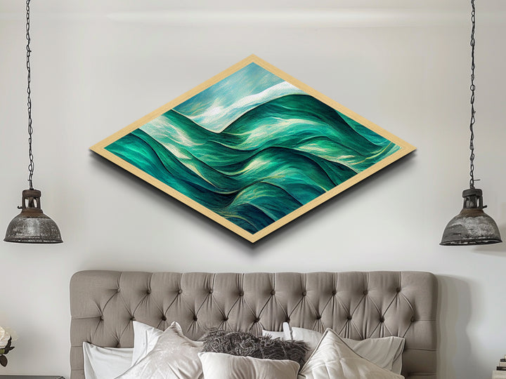 Ocean Flow Rhythm Diamond Shaped Canvas Art Print, Abstract Sea Waves Wall Decor, Modern Coastal Blue Green Nautical Room Accent