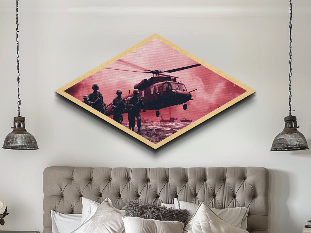 Tactical Insertion Helicopter — Diamond Shaped Canvas Art Print for military home office, aviation gift, soldier room wall decor