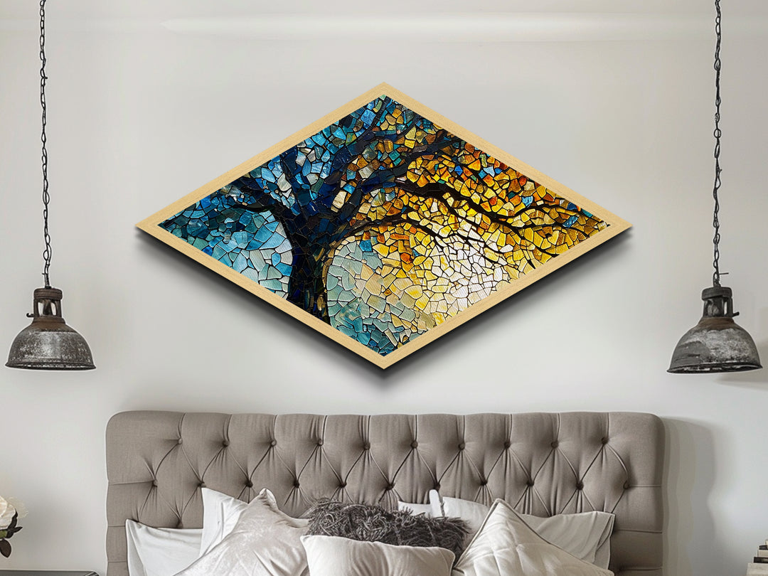 Tree of Radiance — Diamond Shaped Canvas Embossed Print mosaic nature decor, stained glass style, spiritual healing tree wall piece