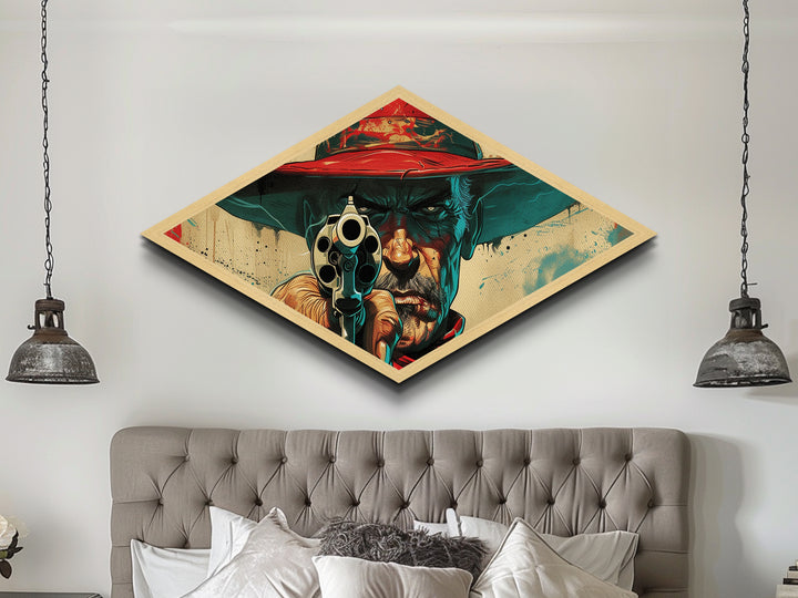 Western Gunman Gaze Diamond Shaped Canvas Embossed Print Pop Art Cowboy Portrait Bold Americana Wall Decor Man Cave Accent