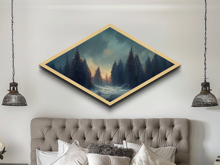 Snowy Forest Twilight Diamond Shaped Canvas Textured Print, Winter Pines Sunset Wall Art, Cozy Rustic Cabin Nature Scene Accent