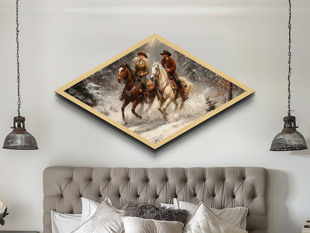 Snowy Ride Together Diamond Shaped Canvas Textured Print rustic winter cowboy wall art lodge decor western cabin Christmas gift