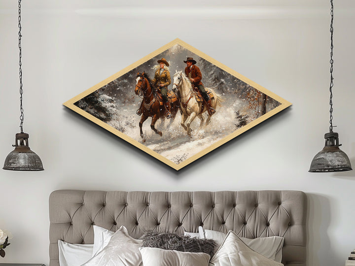 Snowy Ride Together Diamond Shaped Canvas Textured Print rustic winter cowboy wall art lodge decor western cabin Christmas gift
