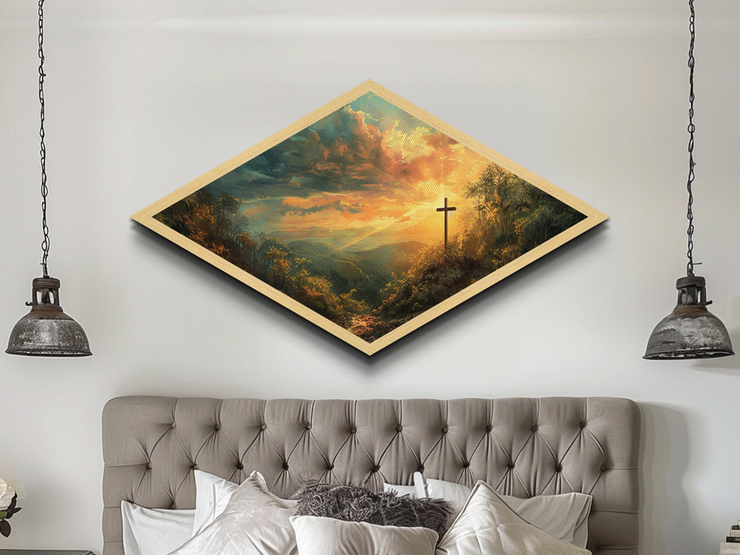 Glory Hill Sunrise Diamond Shaped Canvas Embossed Print Christian spiritual artwork living room decor Easter resurrection gift