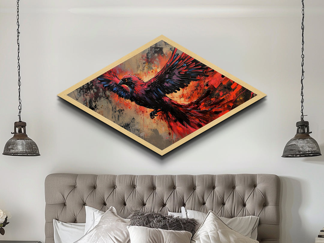 Fiery Phoenix Flight Diamond Shaped Canvas Textured Print red black bird in motion dynamic modern expressionism bold home wall statement