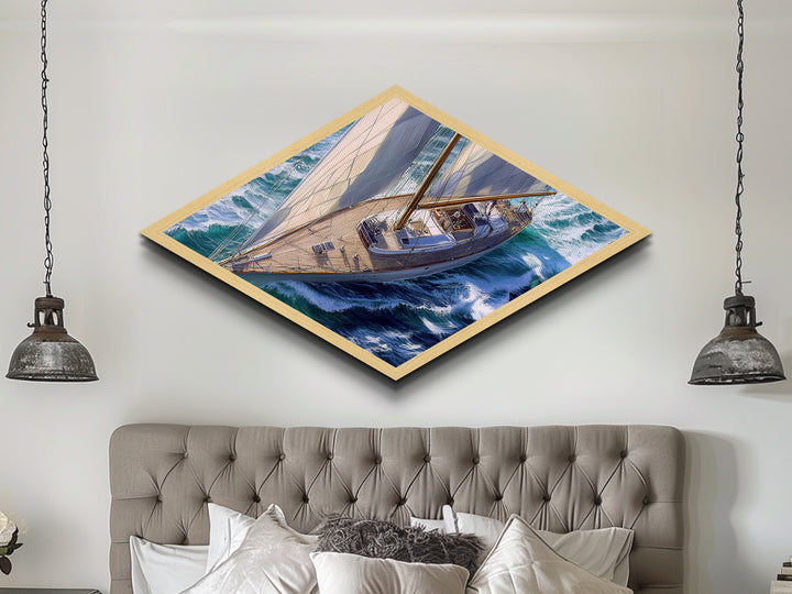 Ocean Sail Escape Diamond Shaped Canvas Textured Print majestic sailboat on waves nautical marine wall art coastal living or beach house