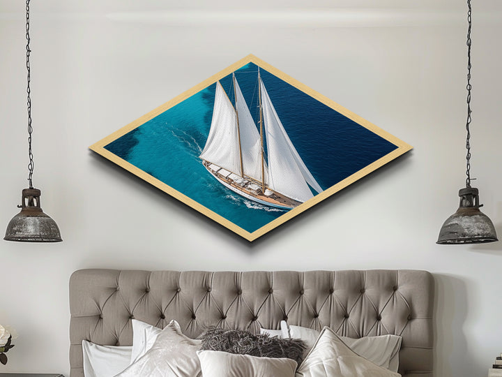 Azure Horizon Yacht Diamond Shaped Canvas Art Print elegant sailing ship overhead view crisp turquoise waters nautical wall decor piece