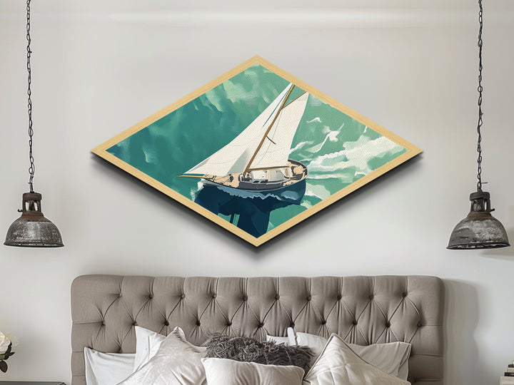 Serene Sailing Calm Diamond Shaped Canvas Textured Print illustrated boat over green sea minimalist marine design tranquil beach house vibe