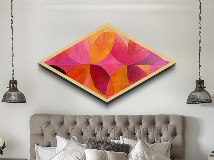 Geometric Bloom Shapes Diamond Shaped Canvas Art Print retro orange pink red modern abstract circles aesthetic boho room or dorm style