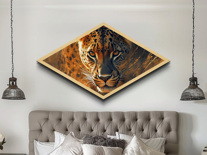 Electric Leopard Gaze Diamond Shaped Canvas Embossed Print Big Cat Wall Art Jungle Animal Decor Wildlife Accent Living Room Bold Gift
