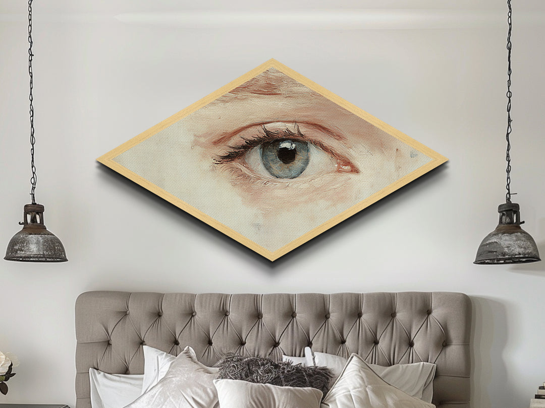 Blue Eye Realism Diamond Shaped Canvas Textured Print Hyperreal Oil Detail Surreal Wall Art Unique Minimalist Modern Bedroom Decor