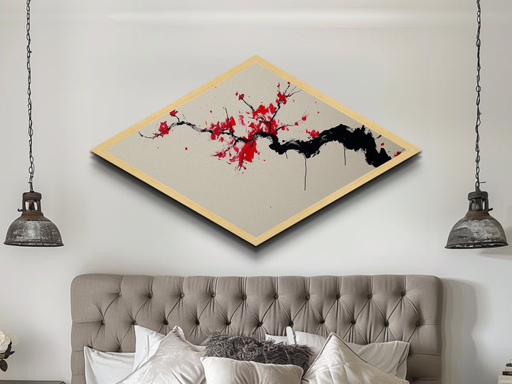 Crimson Blossom Flow Diamond Shaped Canvas Art Print Cherry Tree Japanese Ink Painting Nature Wall Decor Office or Bedroom Accent Piece