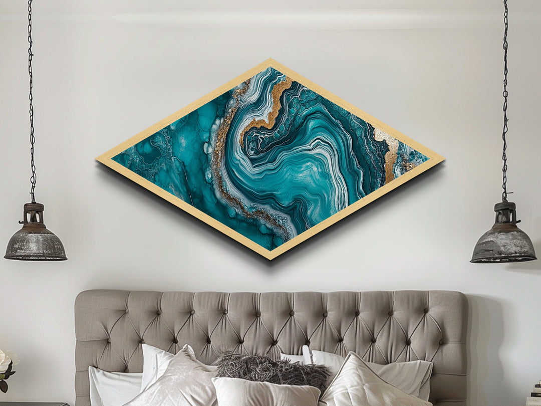 Turquoise Geode Glow Diamond Shaped Canvas Textured Print Earthy Crystal Wall Art Boho Teal Abstract Bedroom Office or Hallway Style
