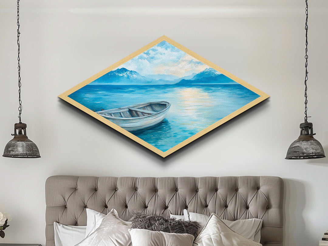 Tranquil Rowboat - Diamond Shaped Canvas Art Print Coastal Landscape Home Wall Decor Serene Lakeview Bedroom Nautical Painting