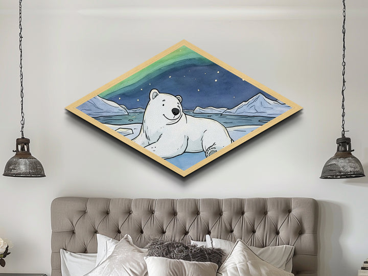 Polar Glow Bear - Diamond Shaped Canvas Textured Print Aurora Borealis Nursery Decor Arctic Animal Art Winter Wonderland Gift