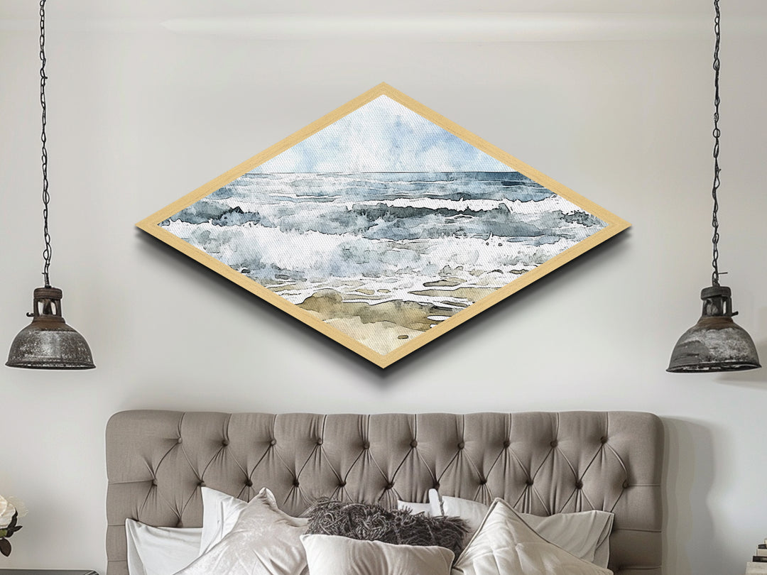 Coastal Break - Diamond Shaped Canvas Textured Print Ocean Wave Beach Art Nautical Bathroom Decor Relaxing Watercolor Seascape