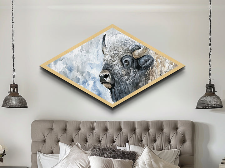 Snowy Bison - Diamond Shaped Canvas Art Print Western Wildlife Wall Decor Lodge Rustic Art Winter Buffalo Cabin Nature Accent