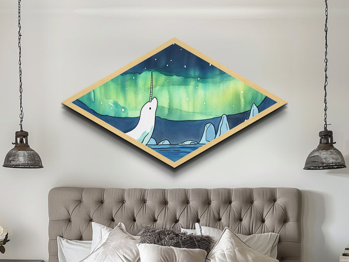 Whimsical Narwhal In The Arctic Canvas Textured Art Print, Diamond Shaped Wall Art, Aurora Borealis Wall Art, Cute Art