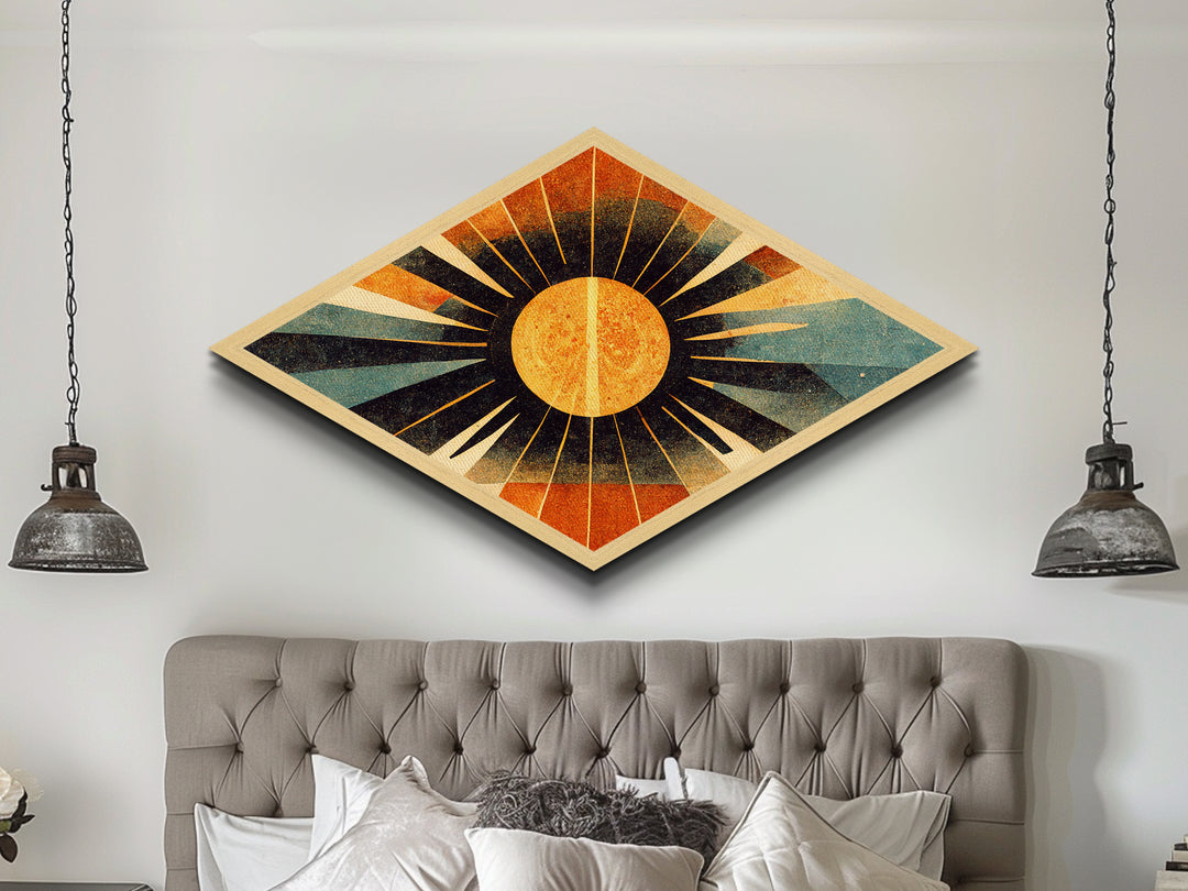 MCM Art Deco Sun Framed Canvas Art Print, Canvas Embossed Art, Retro Wall Art, Modern Home Decor