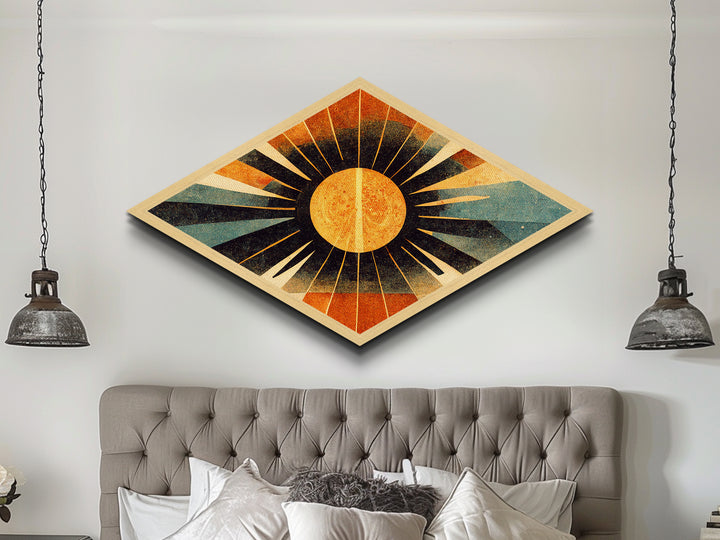 MCM Art Deco Sun Framed Canvas Art Print, Canvas Embossed Art, Retro Wall Art, Modern Home Decor