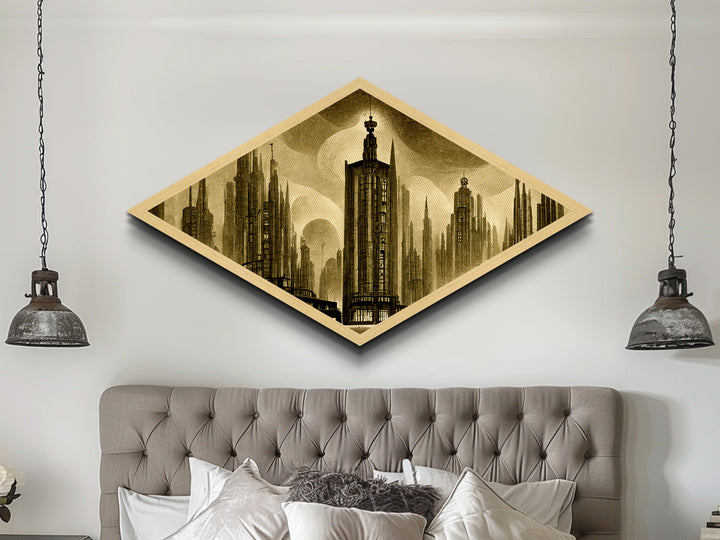 Dark City Art Deco Metropolis, Framed Canvas Art Print, Architecture Painting, Cool office Decor Gift For Him