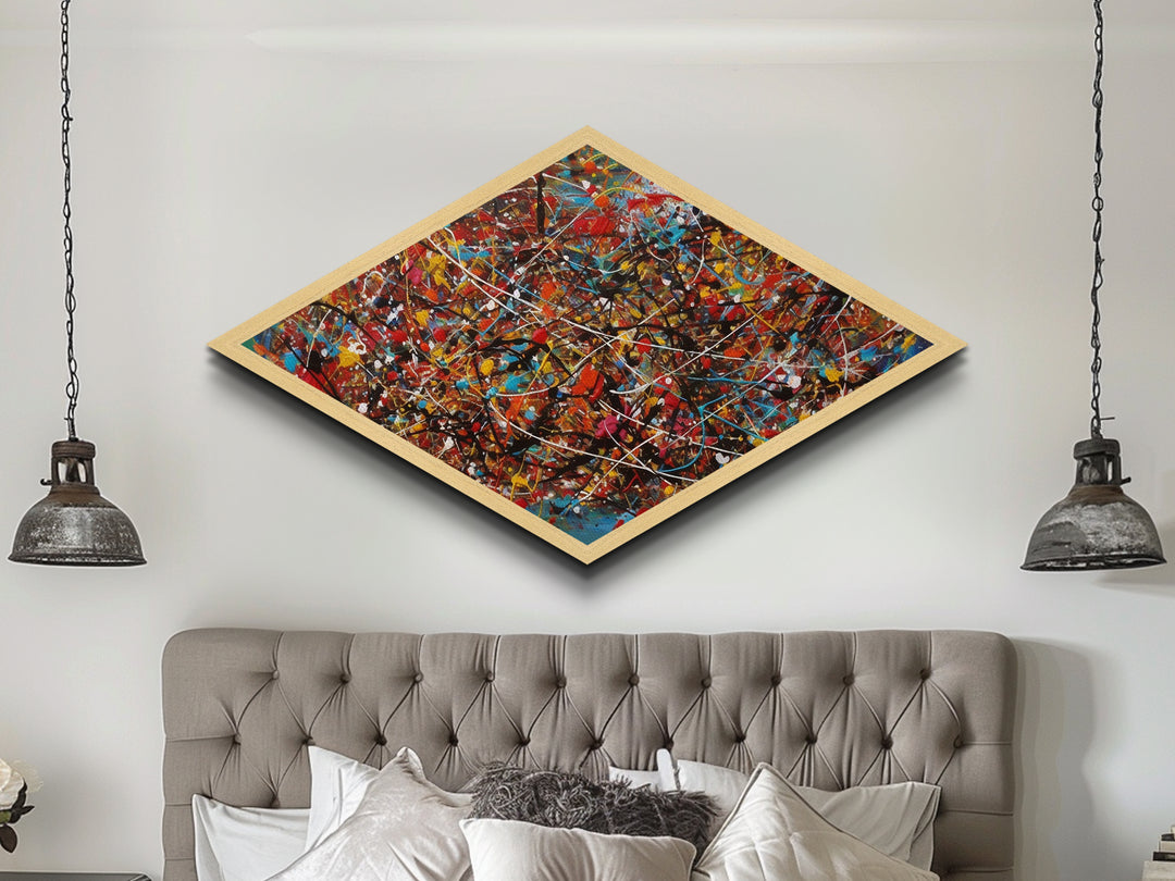 Kinetic Color Storm Diamond Shaped Abstract Art Canvas Embossed Print Splatter Painting Bright Bold Expressionist Energy Home Style