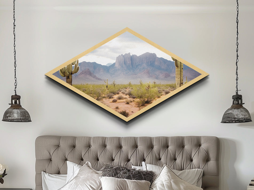 Desert Mountain Cactus View Diamond Shaped Canvas Textured Print southwestern desert landscape wall art rustic home decor gift